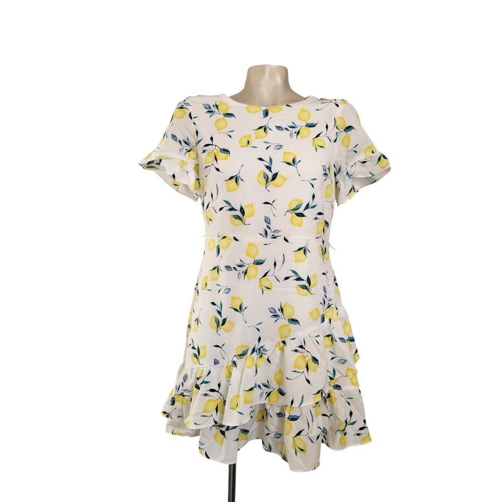 Banana Republic 4P Lemon Print Ruffle Tiered Mini Dress White Yellow Short